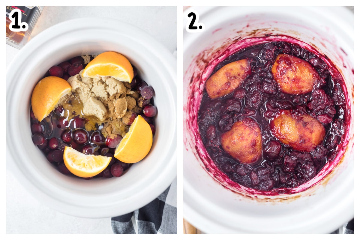 2 image collage on how to assemble bourbon cranberry sauce in crockpot