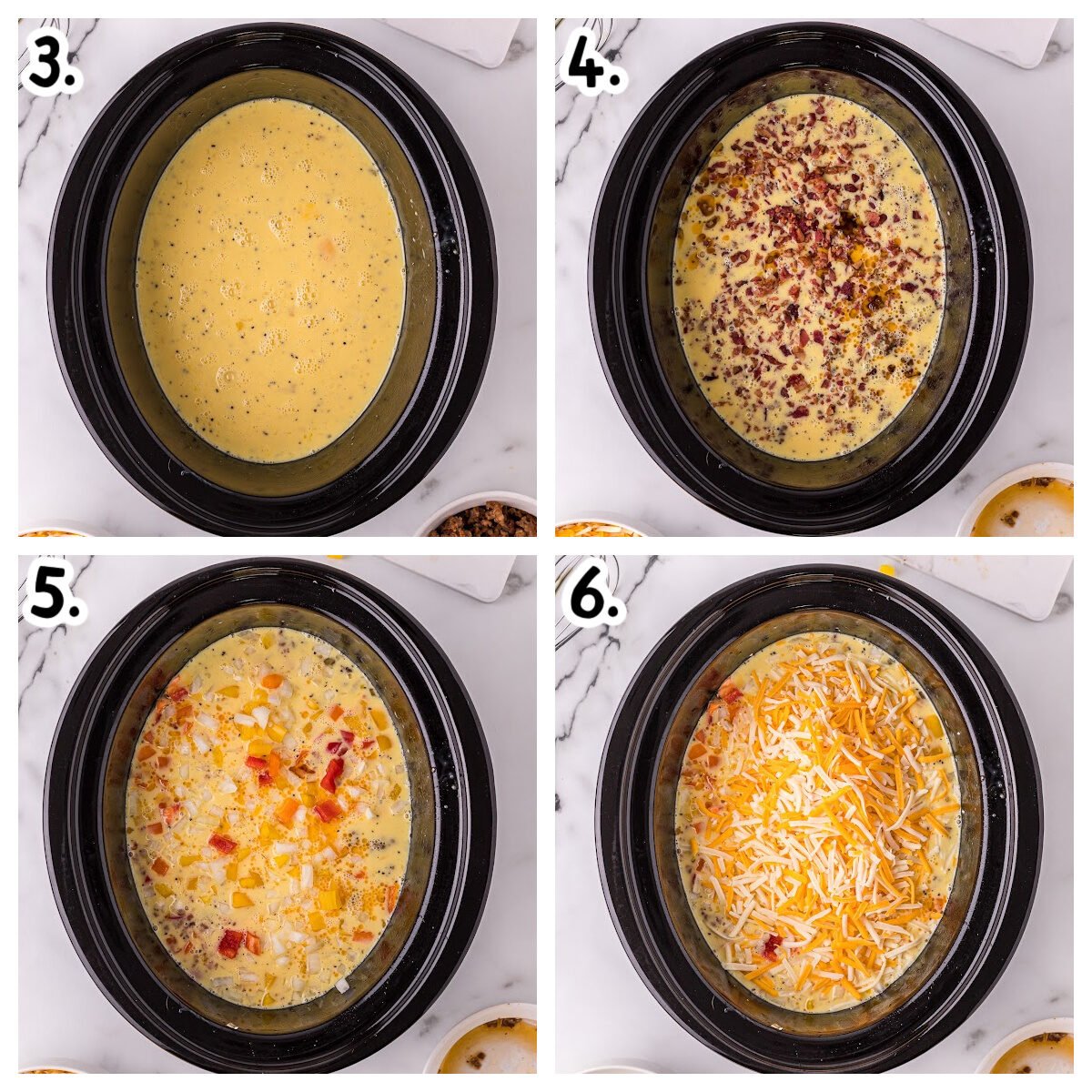 4 image collage about how to add ingredients for breakfast burritos to crockpot