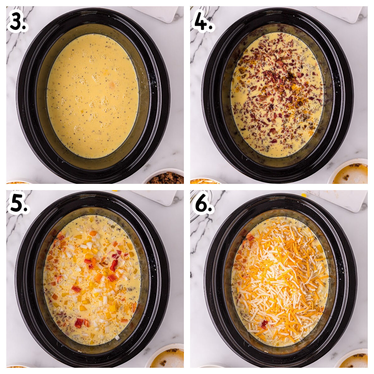 4 image collage about how to add ingredients for breakfast burritos to crockpot