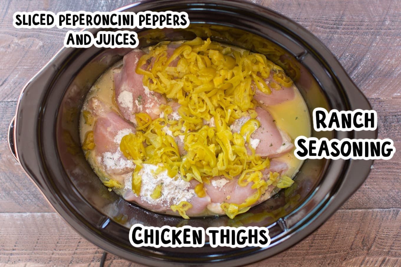 ingredients for mississippi chicken in slow cooker with text overlay