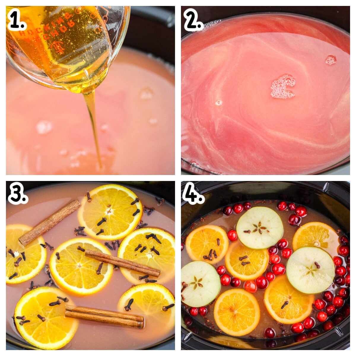 4 image collage on how to make wassail in crockpot