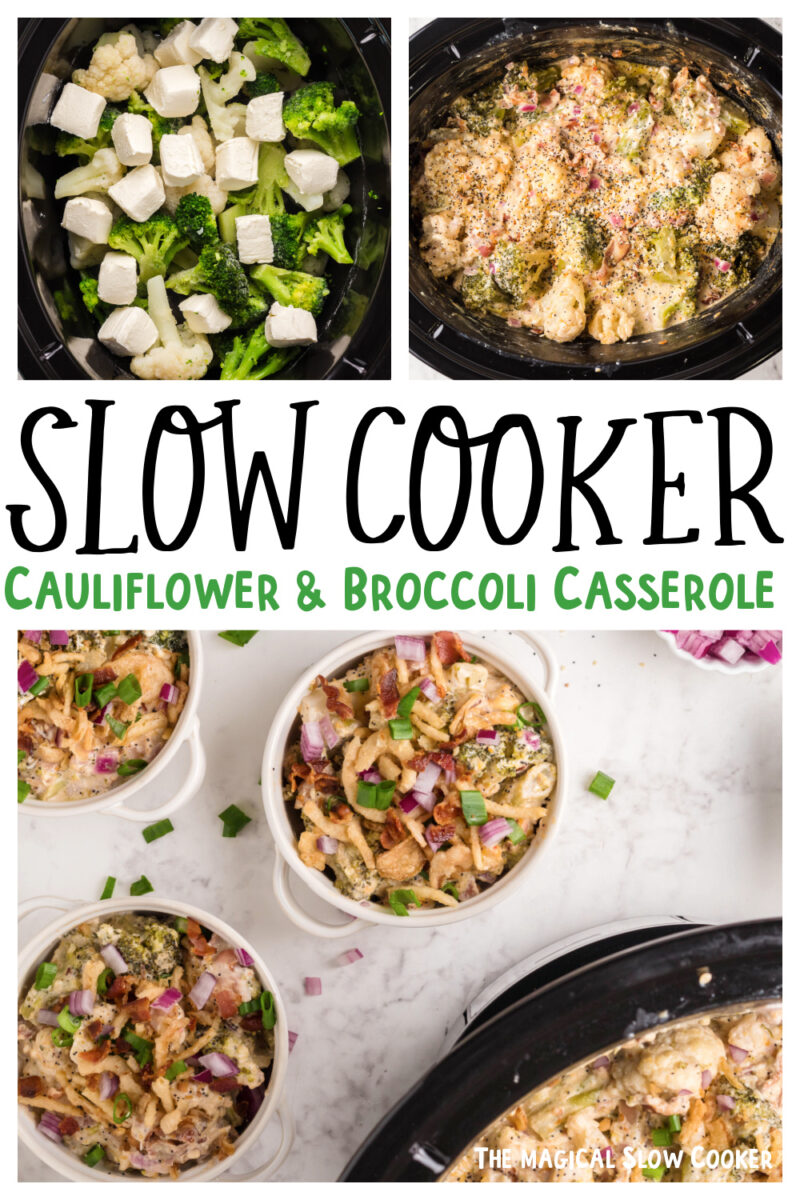 collage of cauliflower casserole images with text overlay for pinterest