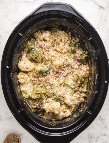 cooked cauliflower and broccoli casserole in slow cooker