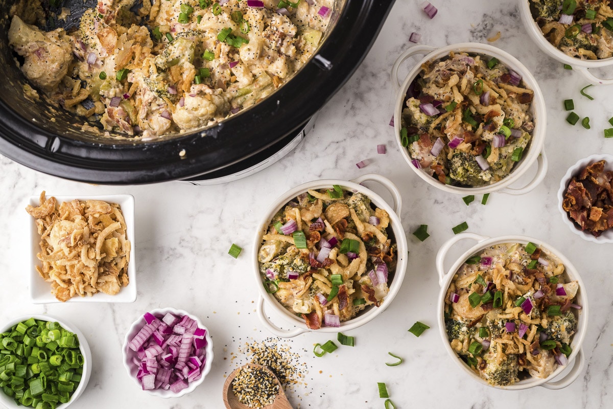 3 bowls of cauliflower and broccoli casserole