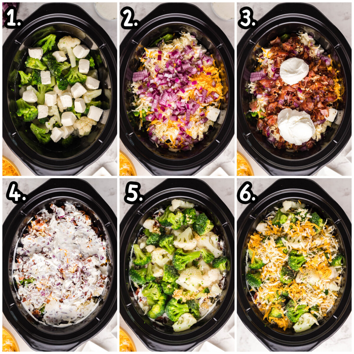 steps on how to add ingredient for cauliflower casserole to a crockpot
