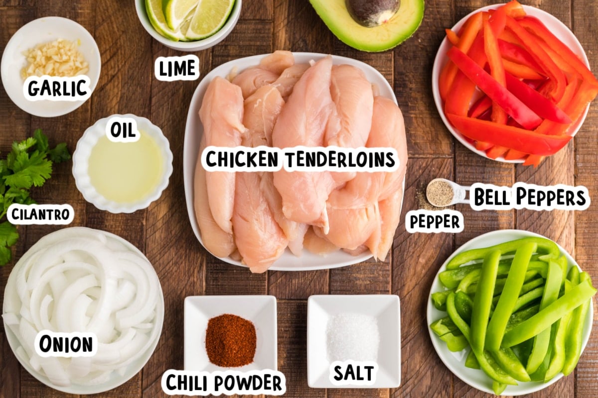 ingredients for chicken fajitas on table with text labels