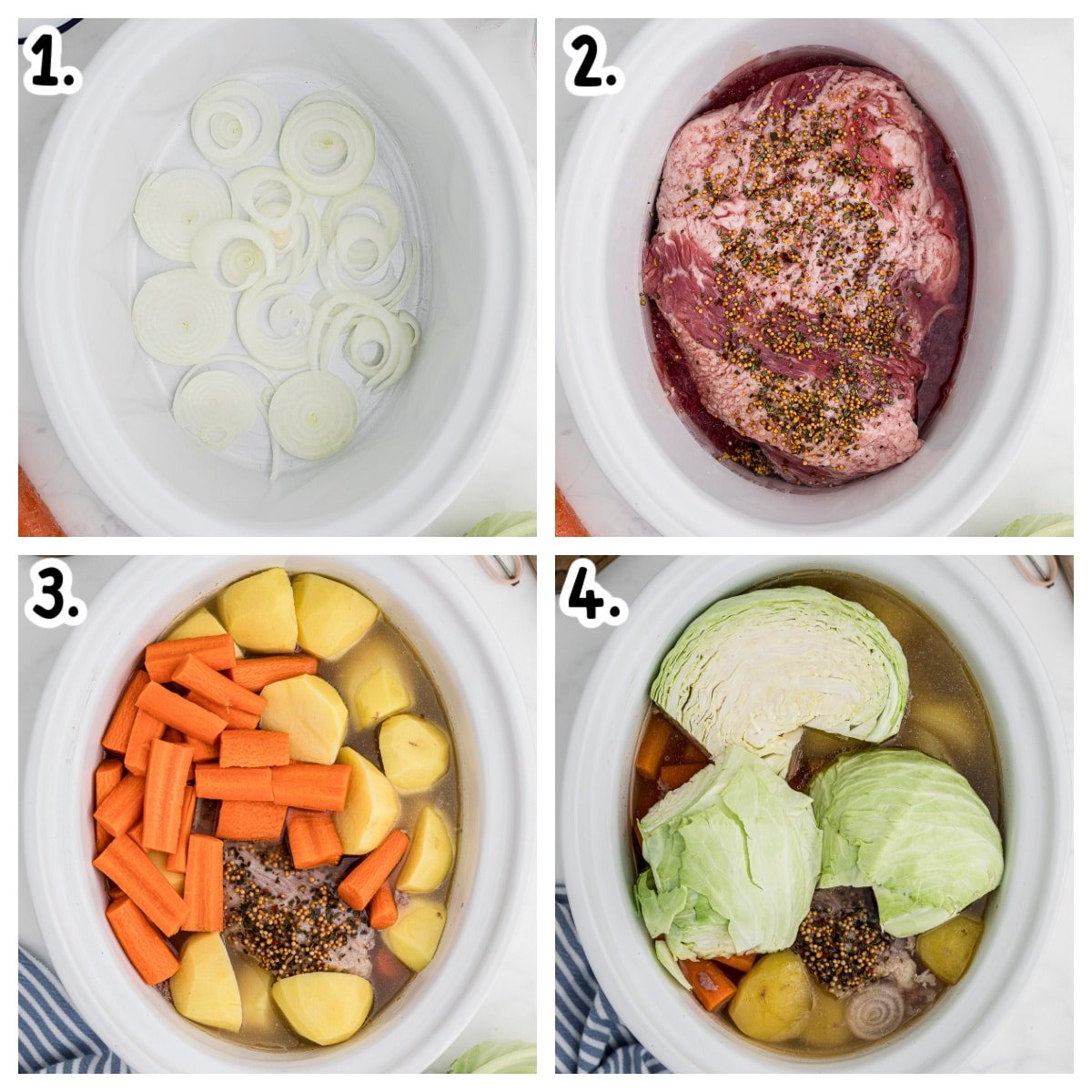 collage of steps on adding ingredients to slow cooker for corned beef and cabbage
