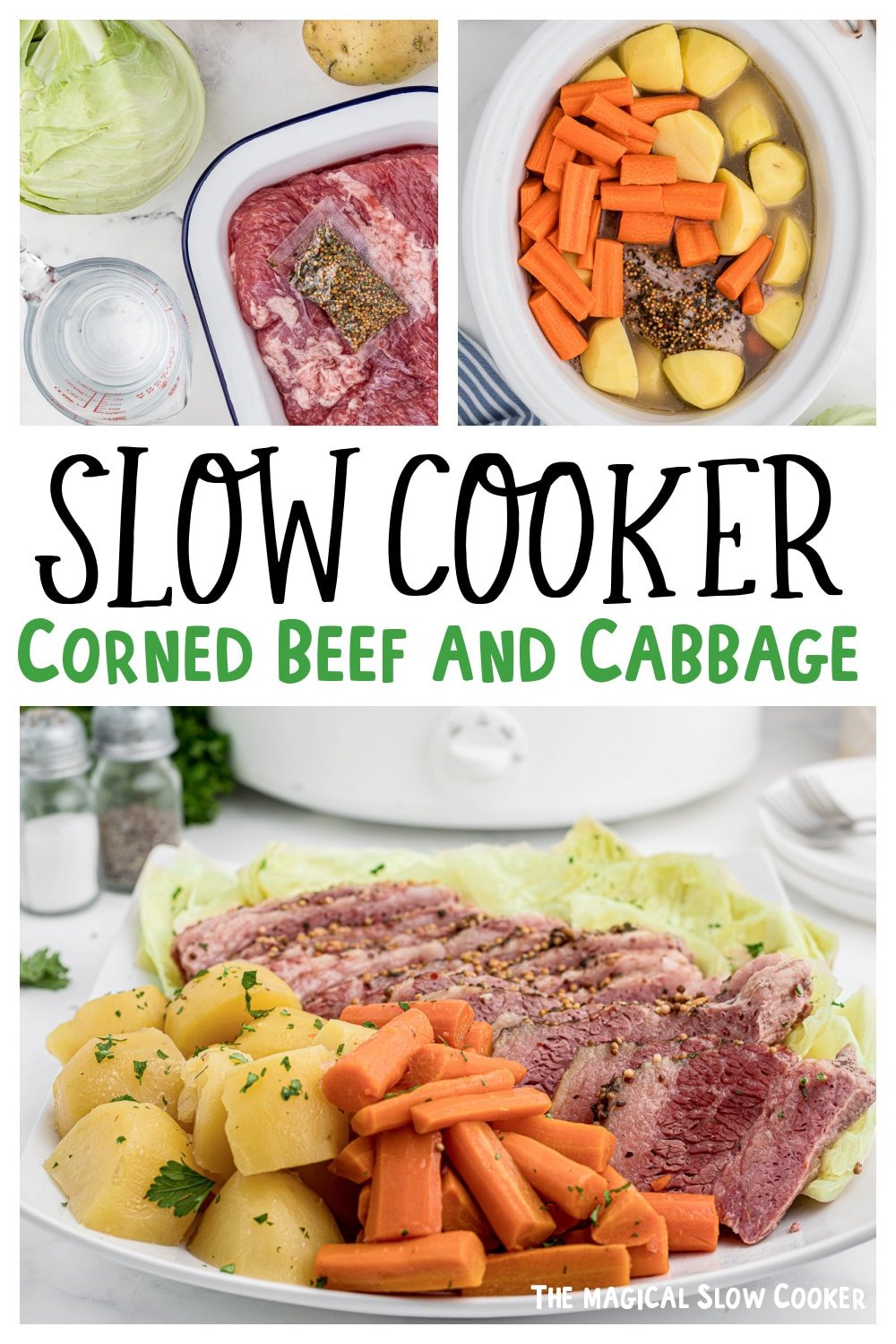 collage of corned beef and cabbage with text overlay for pinterest