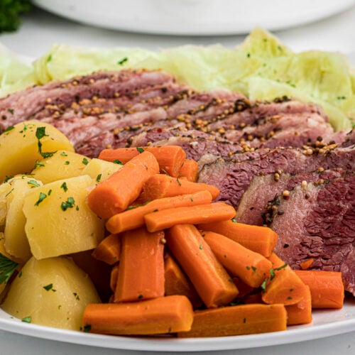 close up of slow cooker corned beef and cabbage