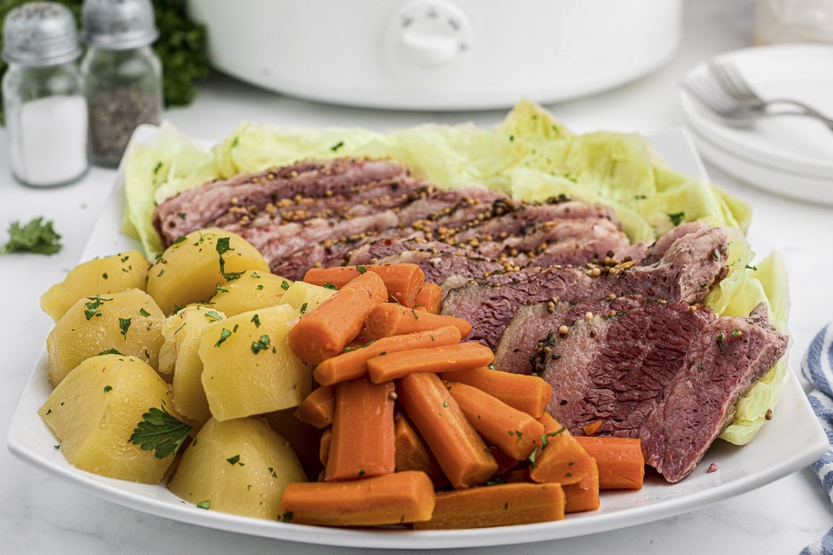 Corned beef and cabbage on tray sliced