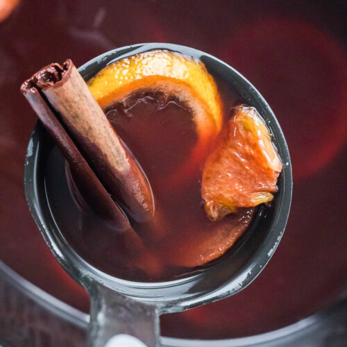 cranberry crockpot citrus tea in a metal ladle