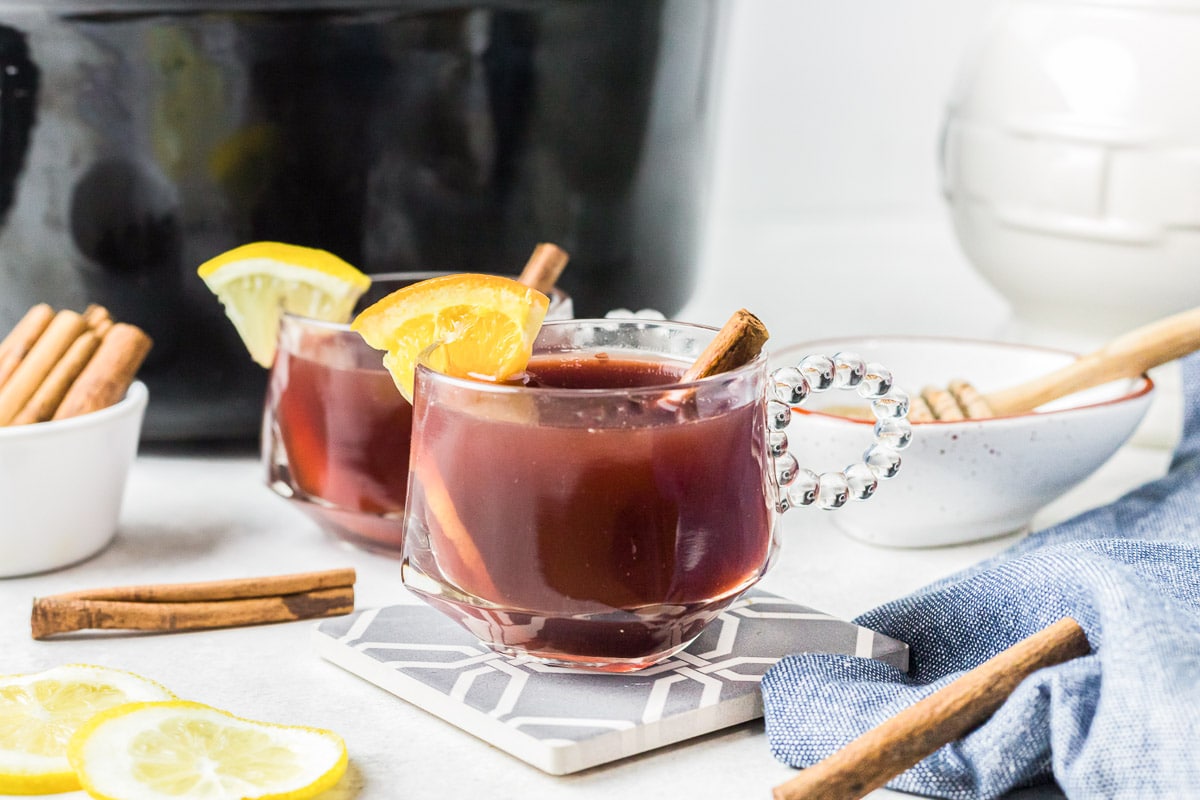 cranberry tea in two clear mugs