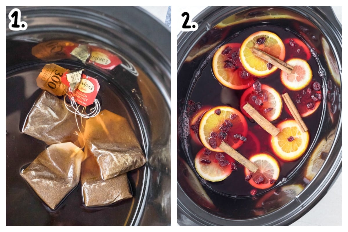 2 images. One of tea bags in hot water in slow cooker, and second is cranberry juice, citrus fruit and cinnamon sticks added.