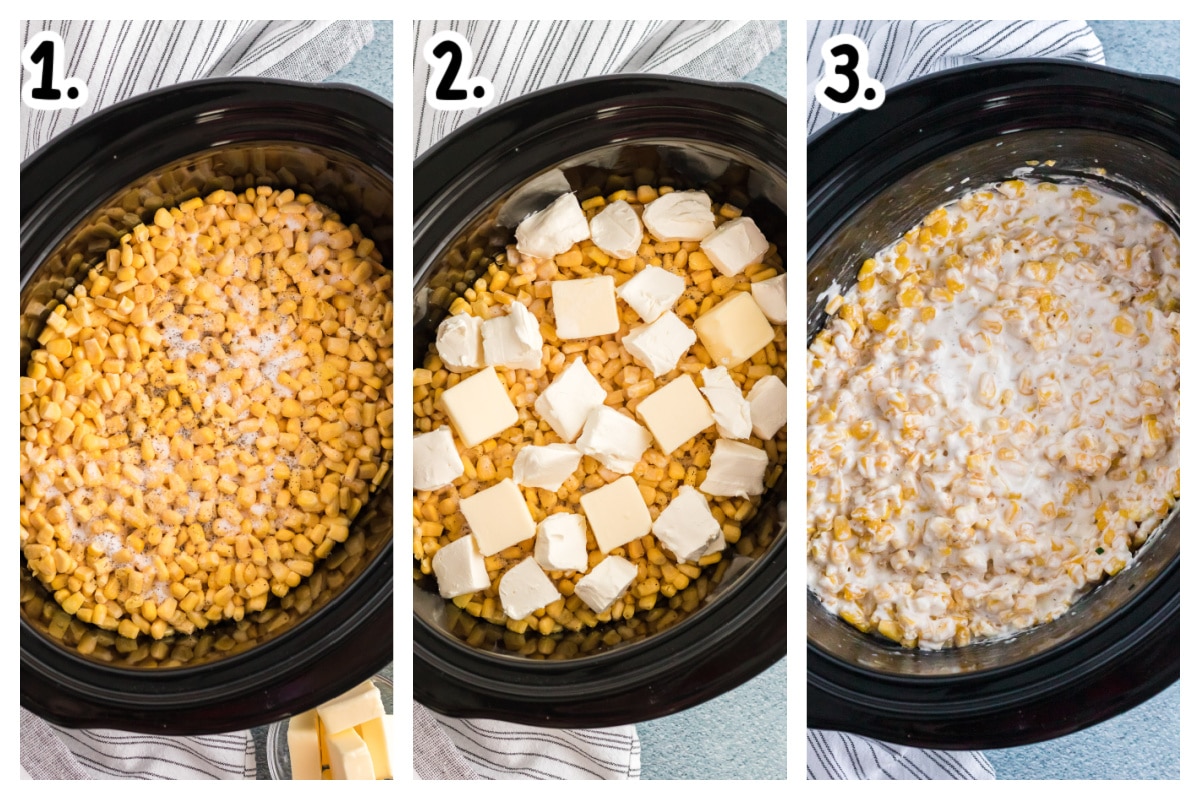 3 images on how to put the ingredients for creamed corn in a slow cooker