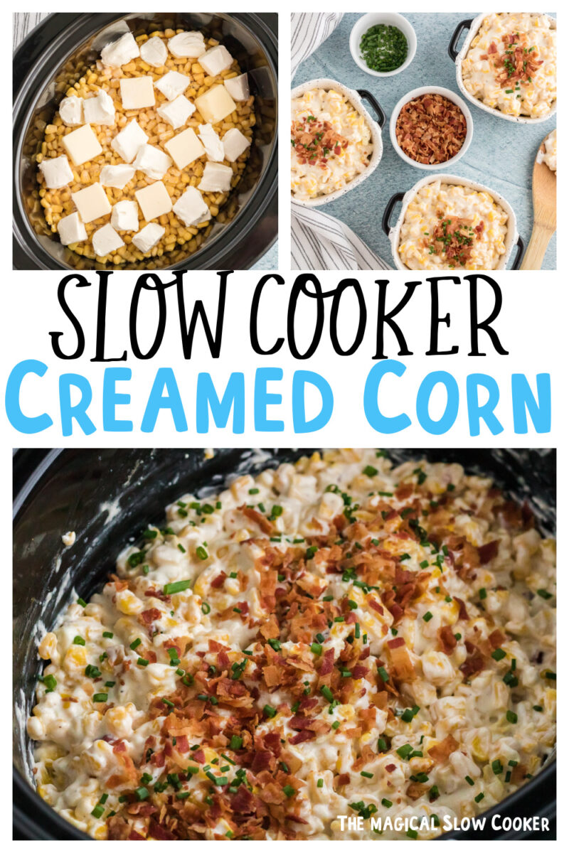 collage of creamed corn images with text overlay for pinterest