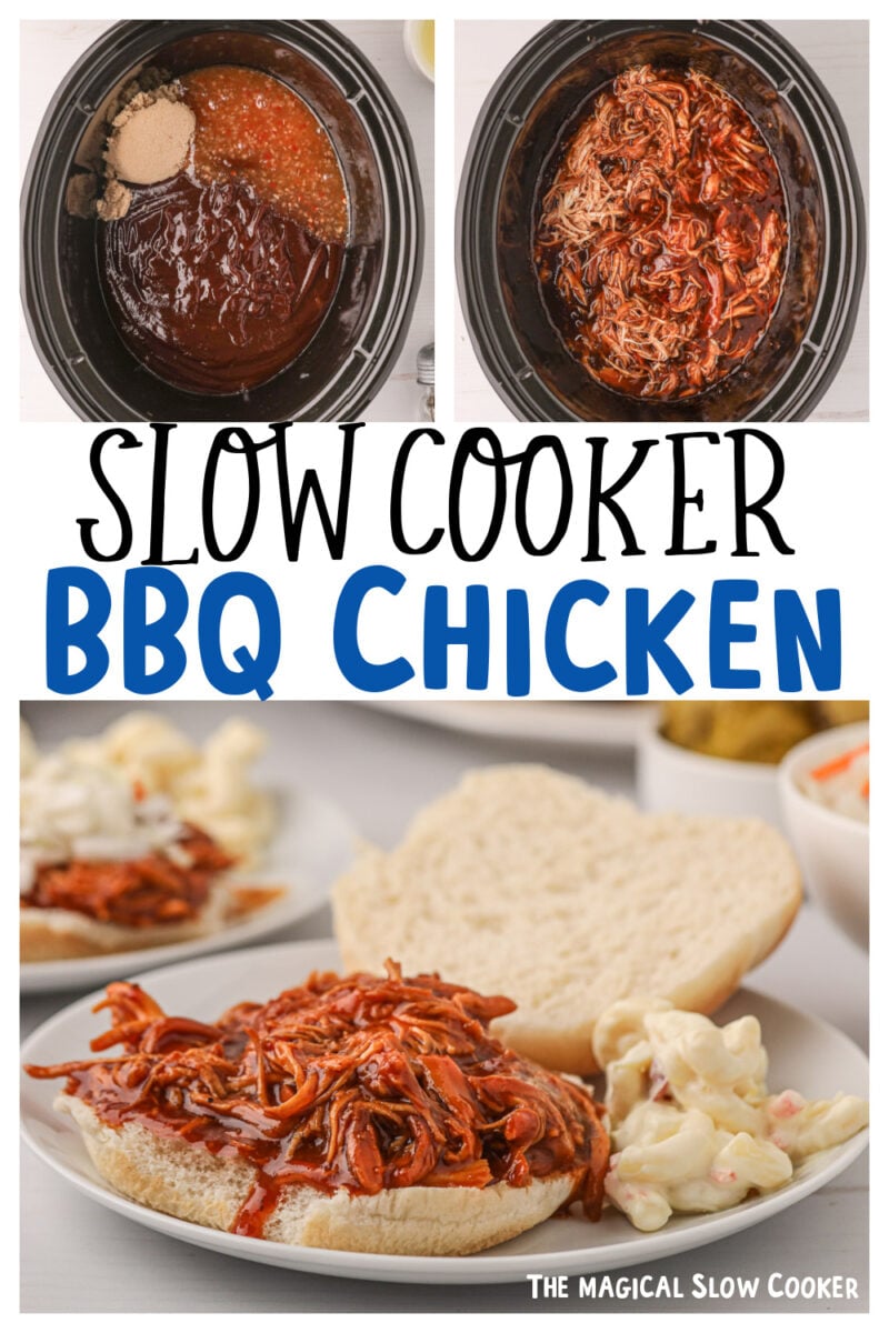collage of slow cooker bbq chicken images with text overlay for pinterest