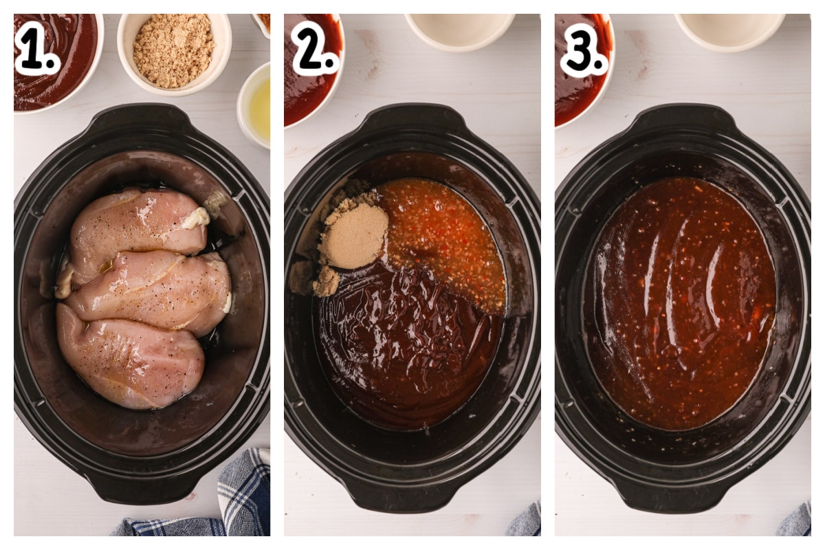 3 image collage on how to put ingredients in slow cooker for bbq chicken