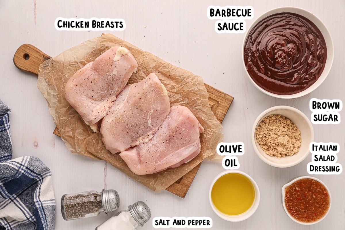 ingredients for crockpot bbq chicken on a table