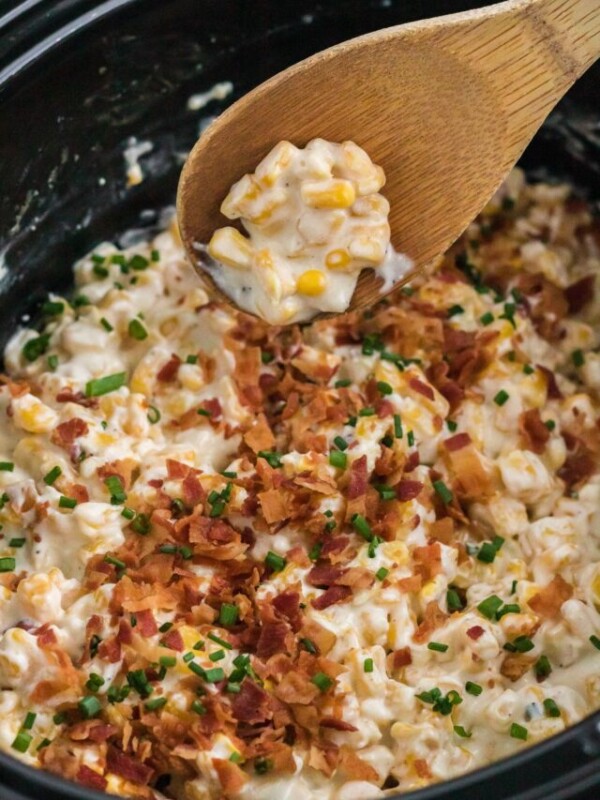 creamed corn and a wooden spoon.