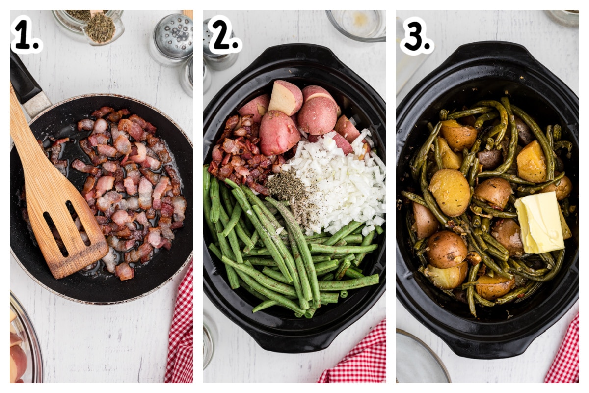 3 images on how to assemble green beans and potatoes in slow cooker