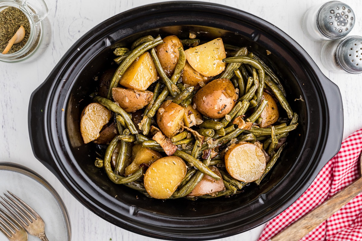 green beans and potatoes in slow cooker, done cooking