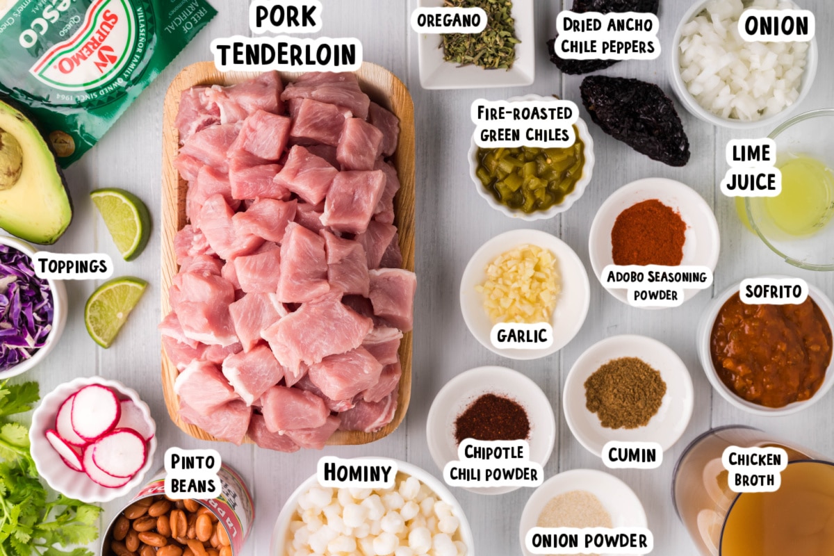 ingredients for pozole on a table