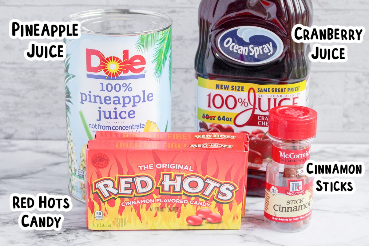 Red hots ingredients with text labels