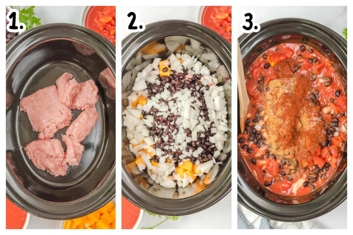 3 image collage of how to put ingredients in crockpot for turkey butternut chili