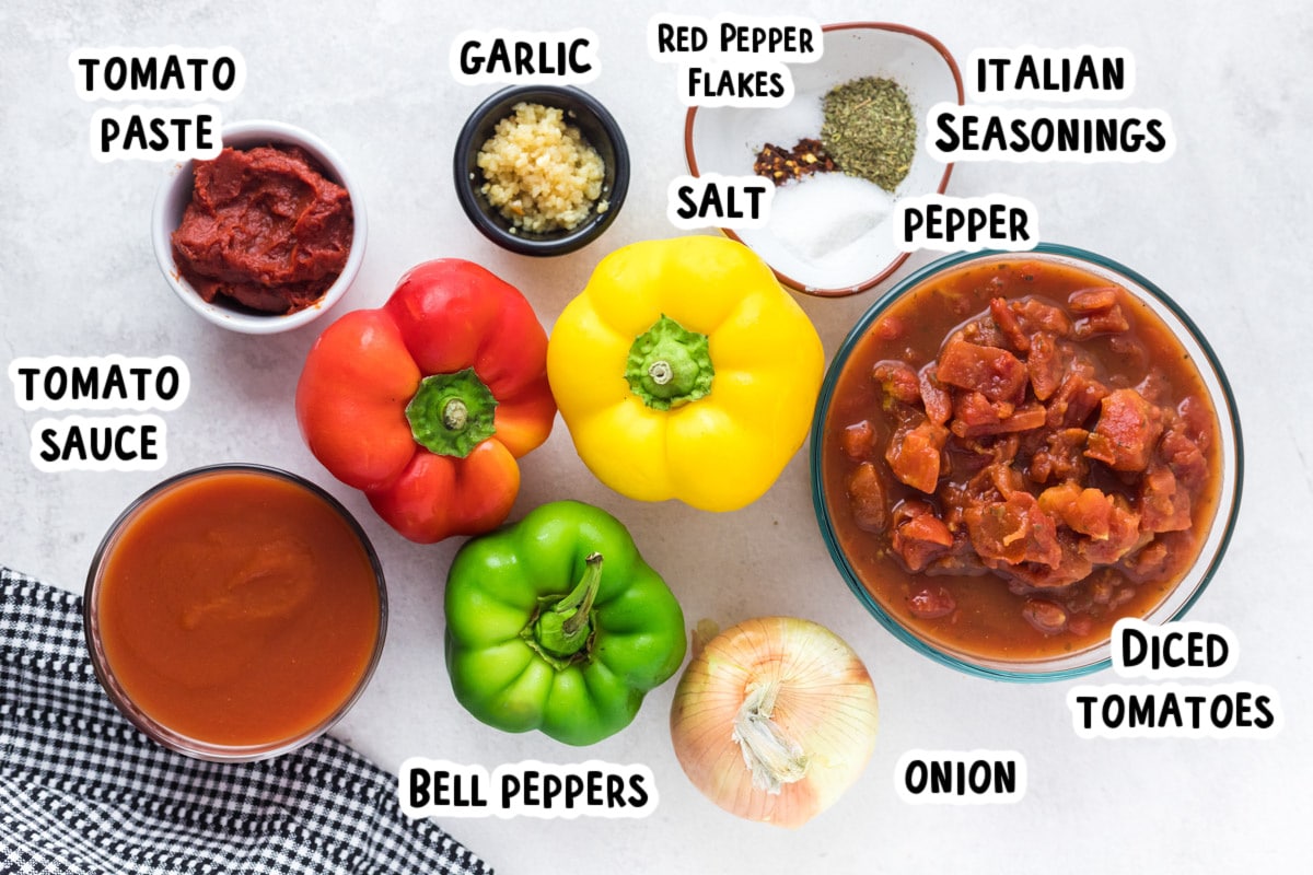 ingredients for vegetarian spaghetti sauce on table