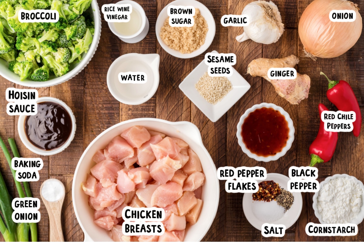 ingredients for mongolian chicken on table with text labels