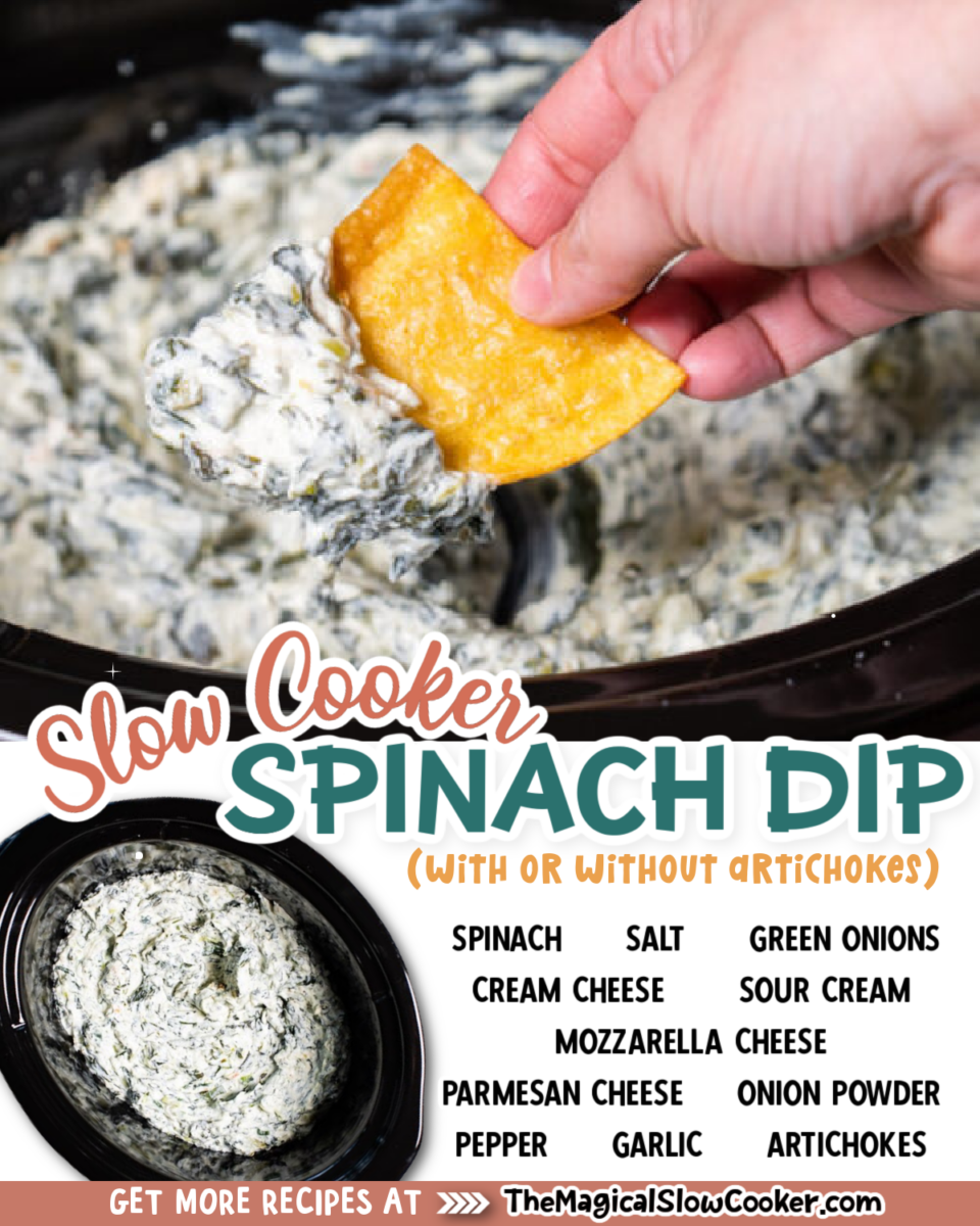 collage of spinach dip photos with text of ingredients.