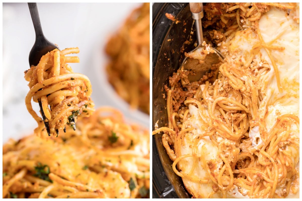 baked spaghetti on fork and on spatula in slow cooker