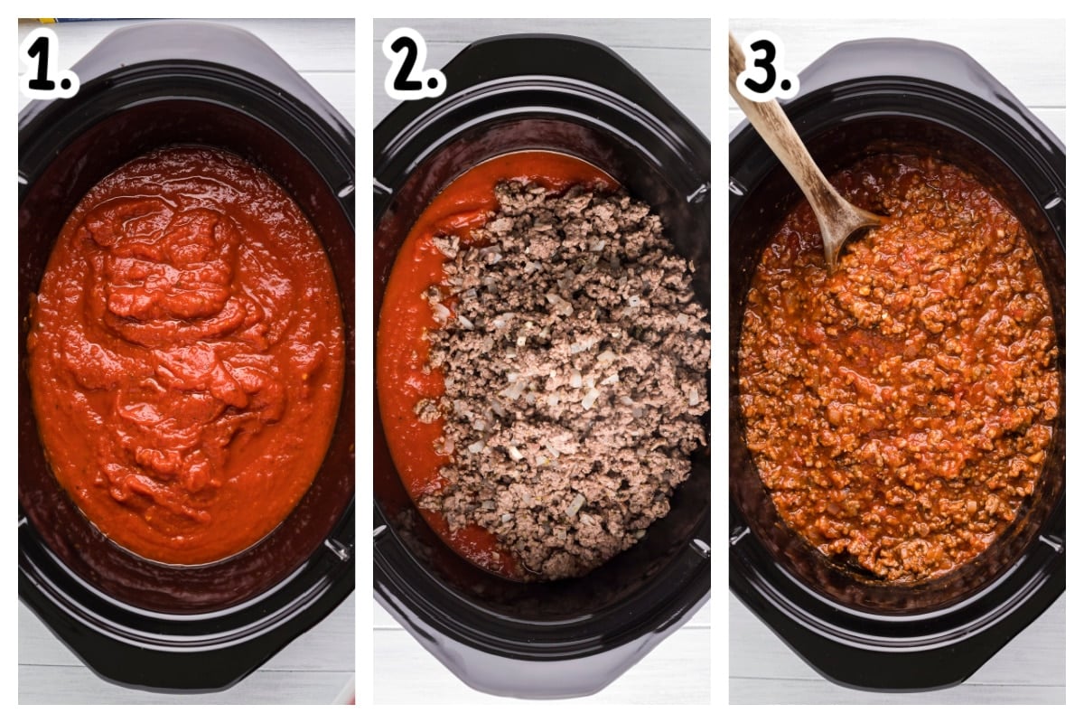 how to add meat and sauce to slow cooker for baked spaghetti