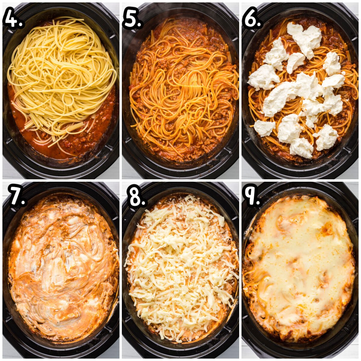 6 image collage on how to add spaghetti, ricotta mixture and cheese to sauce and meat.