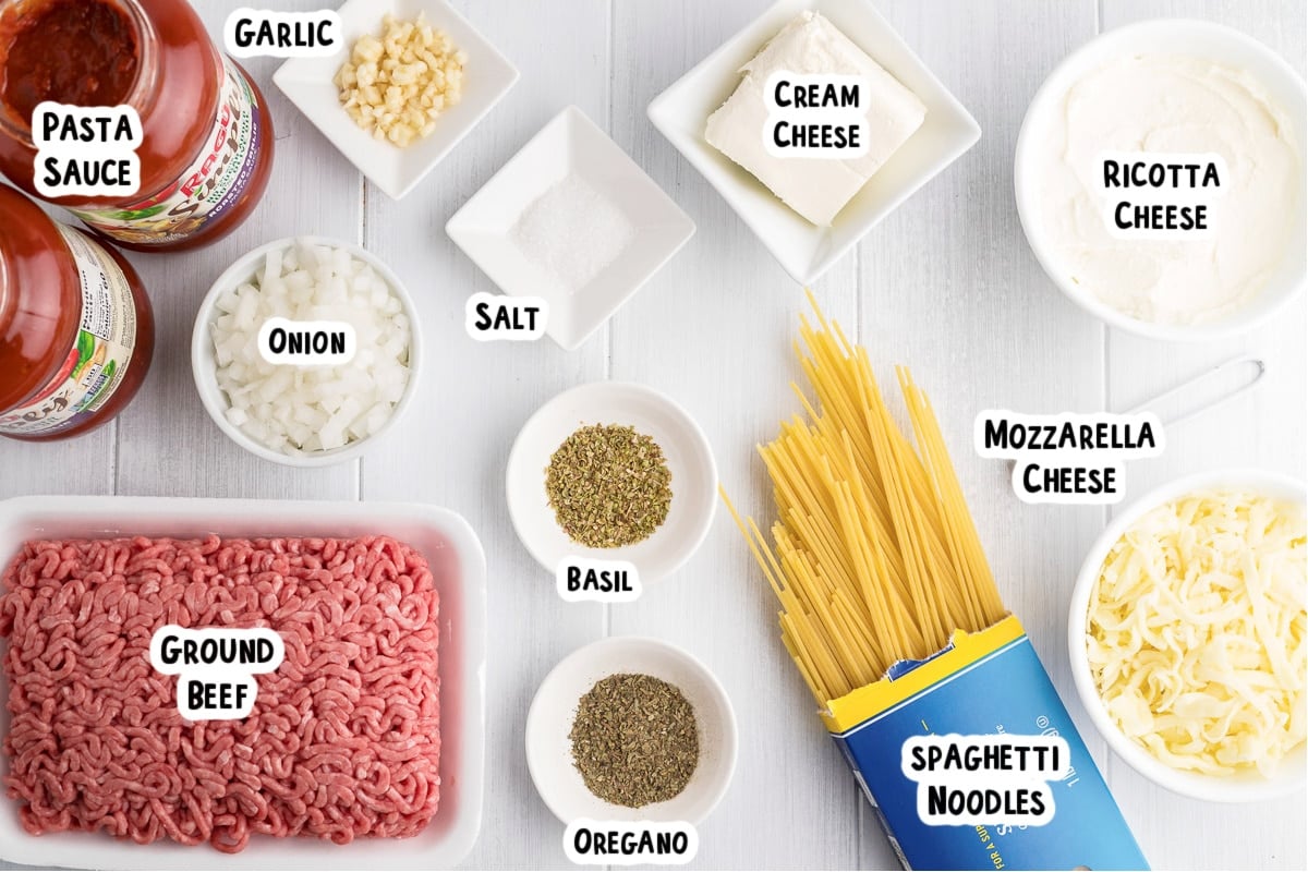 ingredients for baked spaghetti on a table with text labels