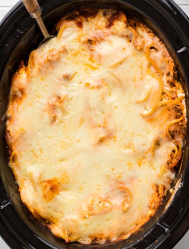 close up of baked spaghetti in slow cooker