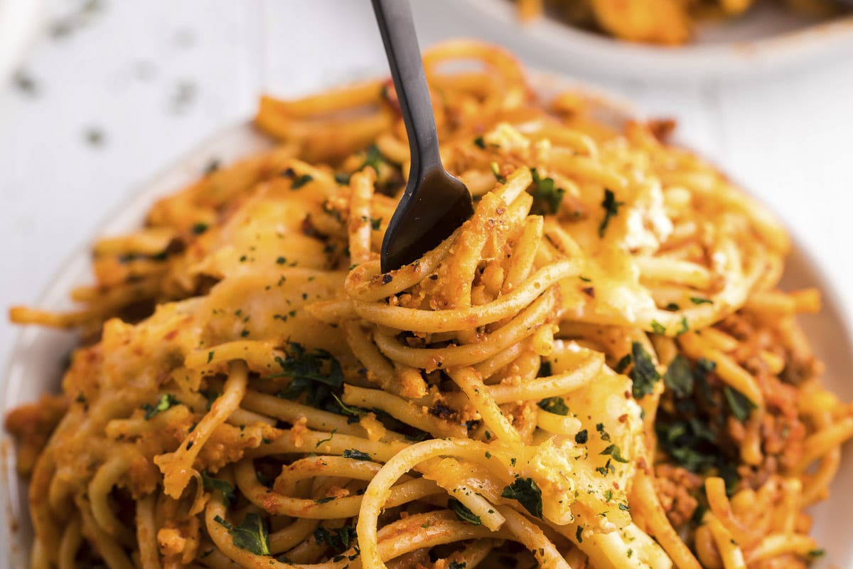 baked spaghetti in a bowl