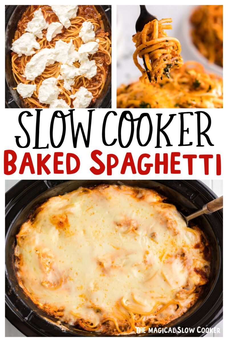 baked spaghetti collage with text overlay for pinterest