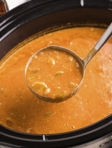 close up of bloody mary soup on ladle