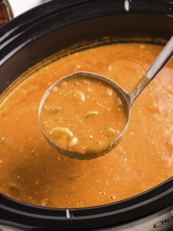 close up of bloody mary soup on ladle
