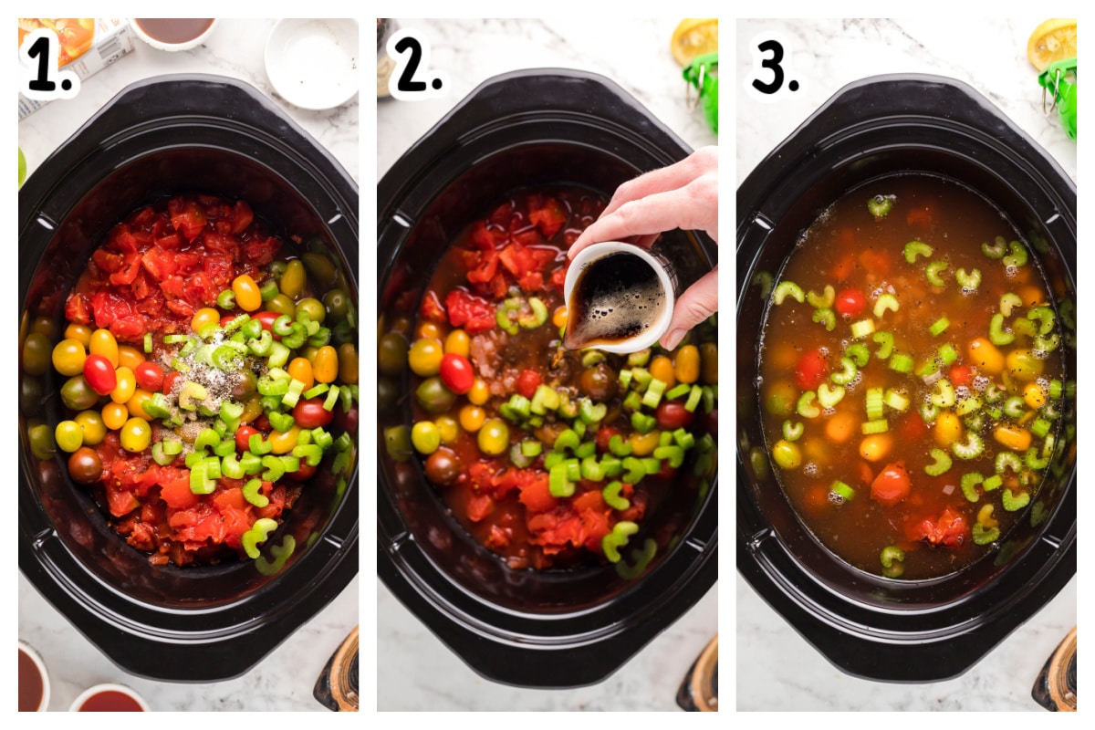 3 image collage on how to add ingredients to crockpot for bloody mary soup