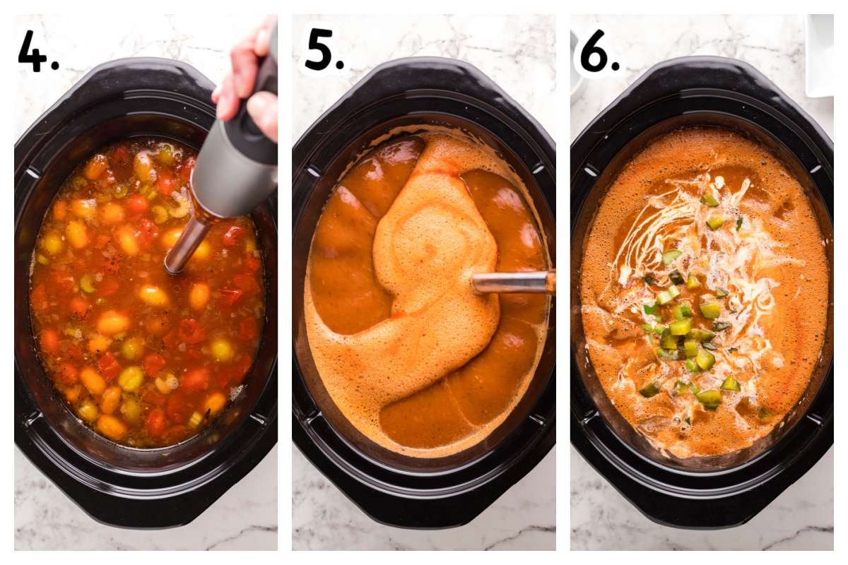 3 image collage on how to blend the soup and add heavy cream