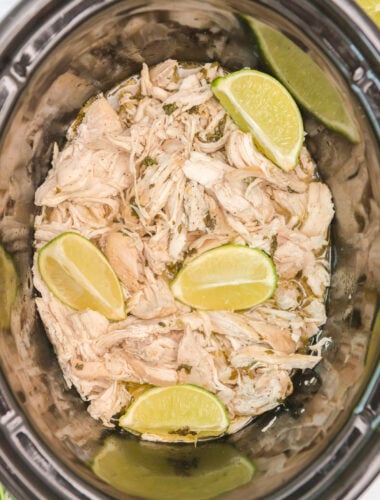 close up of cilantro lime chicken in the slow cooker