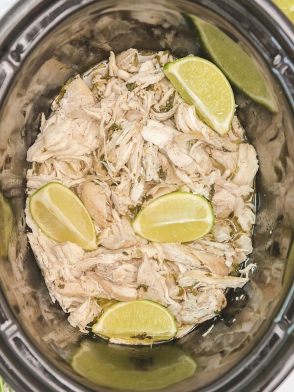close up of cilantro lime chicken in the slow cooker