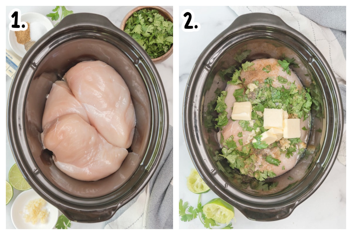 2 image collage on how to add ingredients for cilantro lime chicken to slow cooker