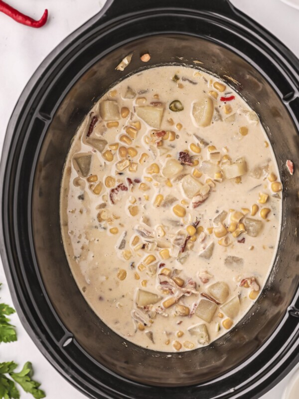 close up of corn chowder in crockpot