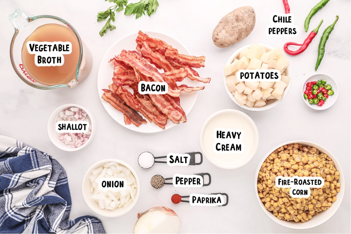 corn chowder ingredients on table with text labels