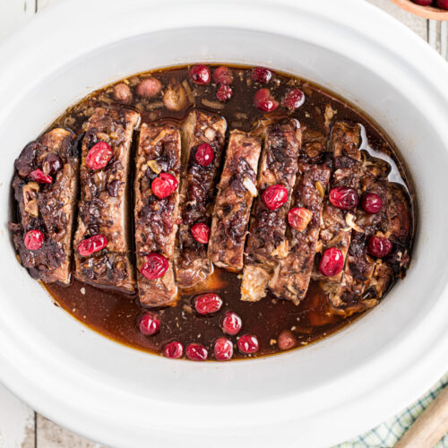 cranberry pork loin in a slow cooker.