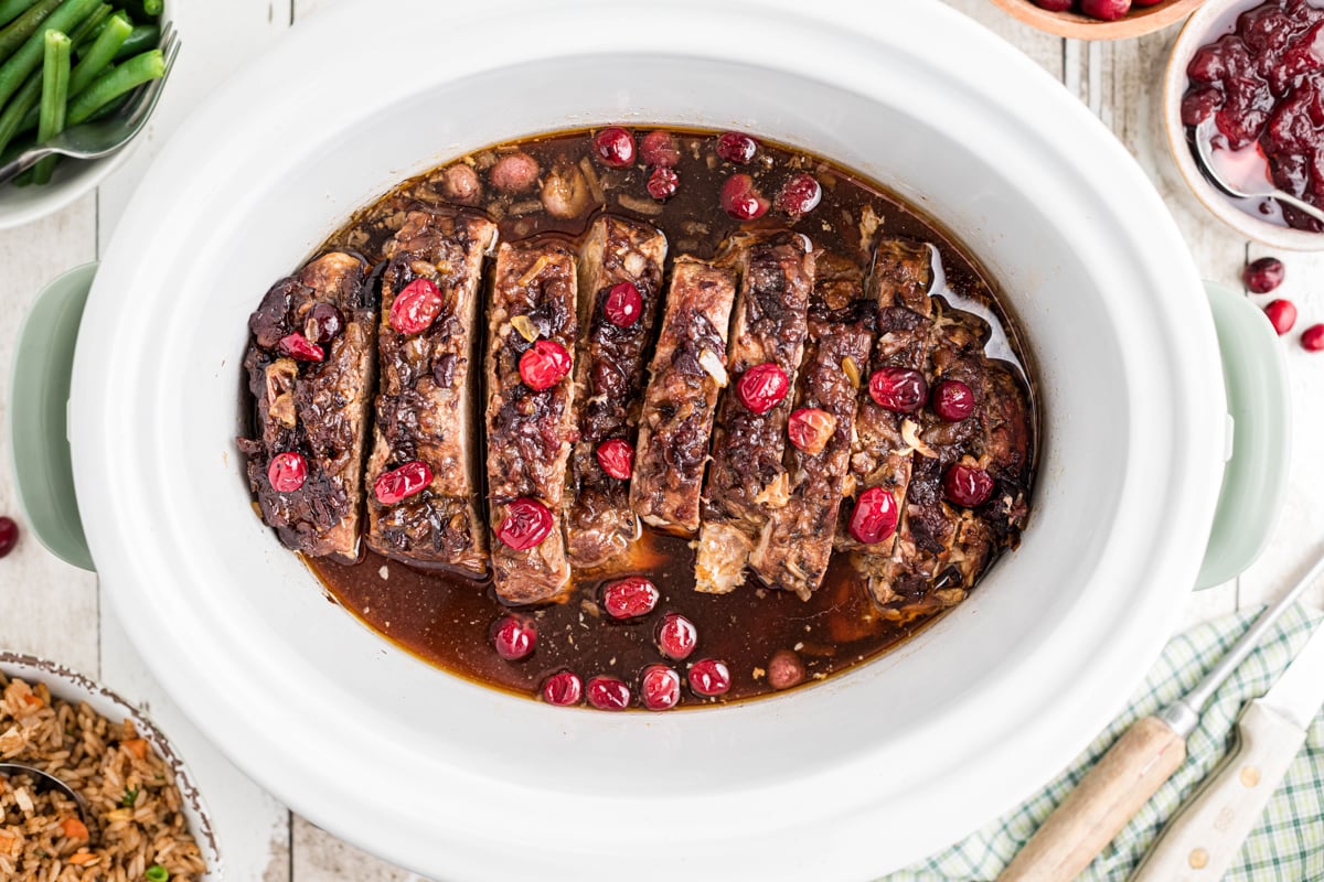 cranberry pork loin in a slow cooker.