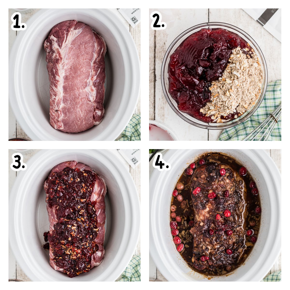 Four images showing how to make cranberry pork loin in a slow cooker.